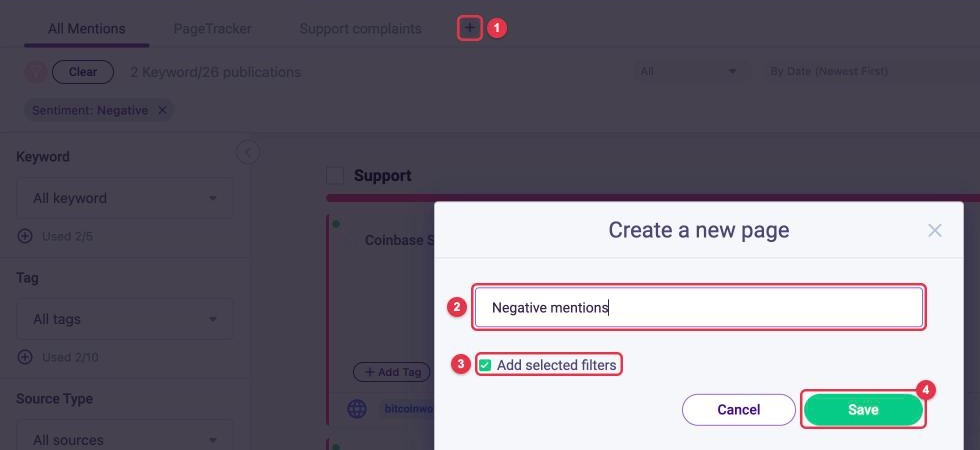 The Create a new page window in LOOQME: plus button, page name field, Add selected filters checkbox, Save button