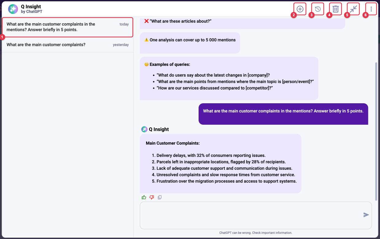 Q Insight chat history in the large window: the list of chats on the left and the new chat, history, delete, collapse and menu buttons