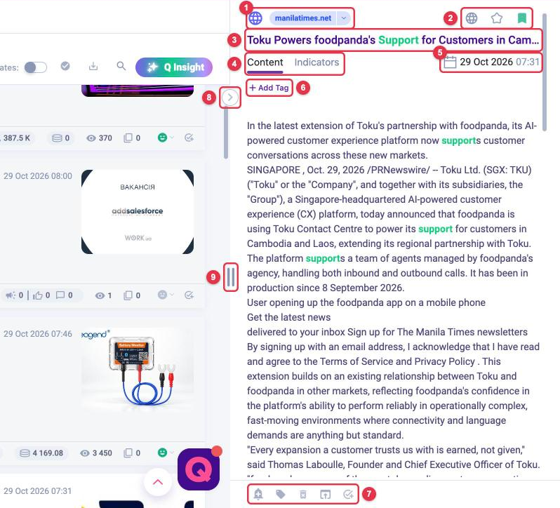 LOOQME mention view panel: source, translation, favorites and original buttons, title, Content and Indicators tabs, date, Add Tag, bottom actions bar, collapse button and the border for changing the width