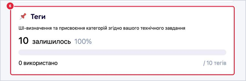 Картка Теги на сторінці Дані та ліміти LOOQME з кількістю доступних тегів