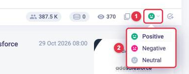 Sentiment change menu on a LOOQME mention card with Positive, Negative, Neutral