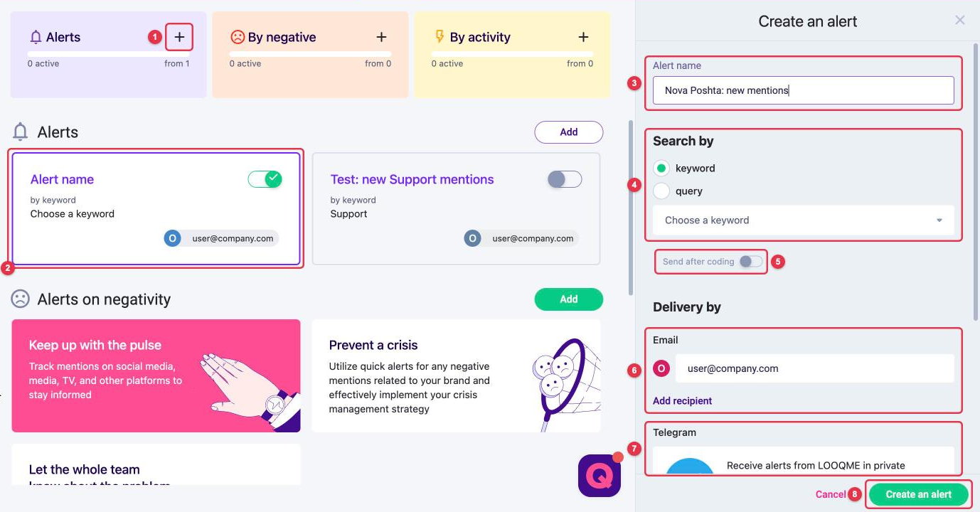 The "Alerts" page and the "Create an alert" panel: "+" button, alert card preview, "Alert name", "Search by" keyword or query, "Send after coding", Email, Telegram and the "Create an alert" button