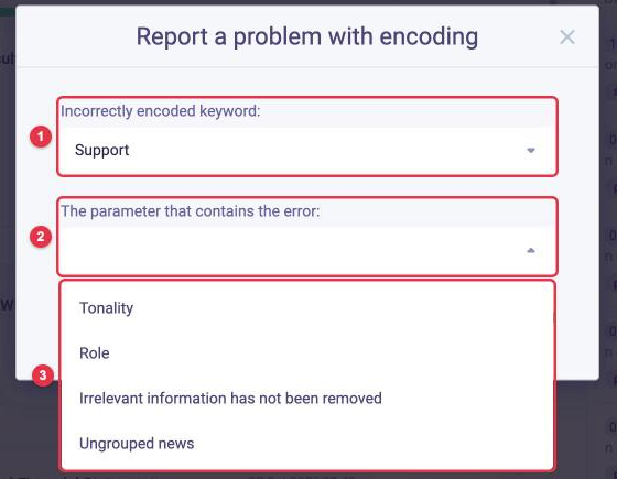 The Report a problem with encoding window in LOOQME: keyword selection, the parameter that contains the error and the options Tonality, Role, Irrelevant information has not been removed, Ungrouped news
