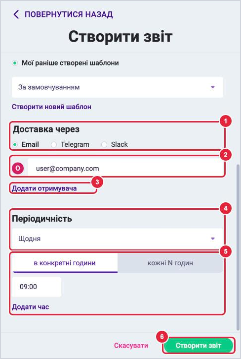 Доставка та періодичність звіту: Email, Telegram, Slack, отримувачі, вибір Щодня, в конкретні години або кожні N годин