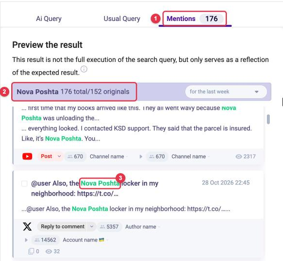 The Mentions tab with a preview of the query result and highlighted words