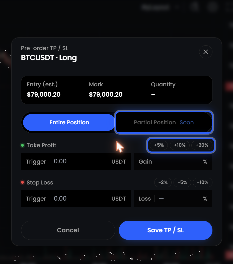 Pre-order TP/SL window in Advanced mode