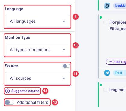Bottom of the LOOQME filter panel: Language, Mention Type, Source with additional source filters, Suggest a source, Additional filters