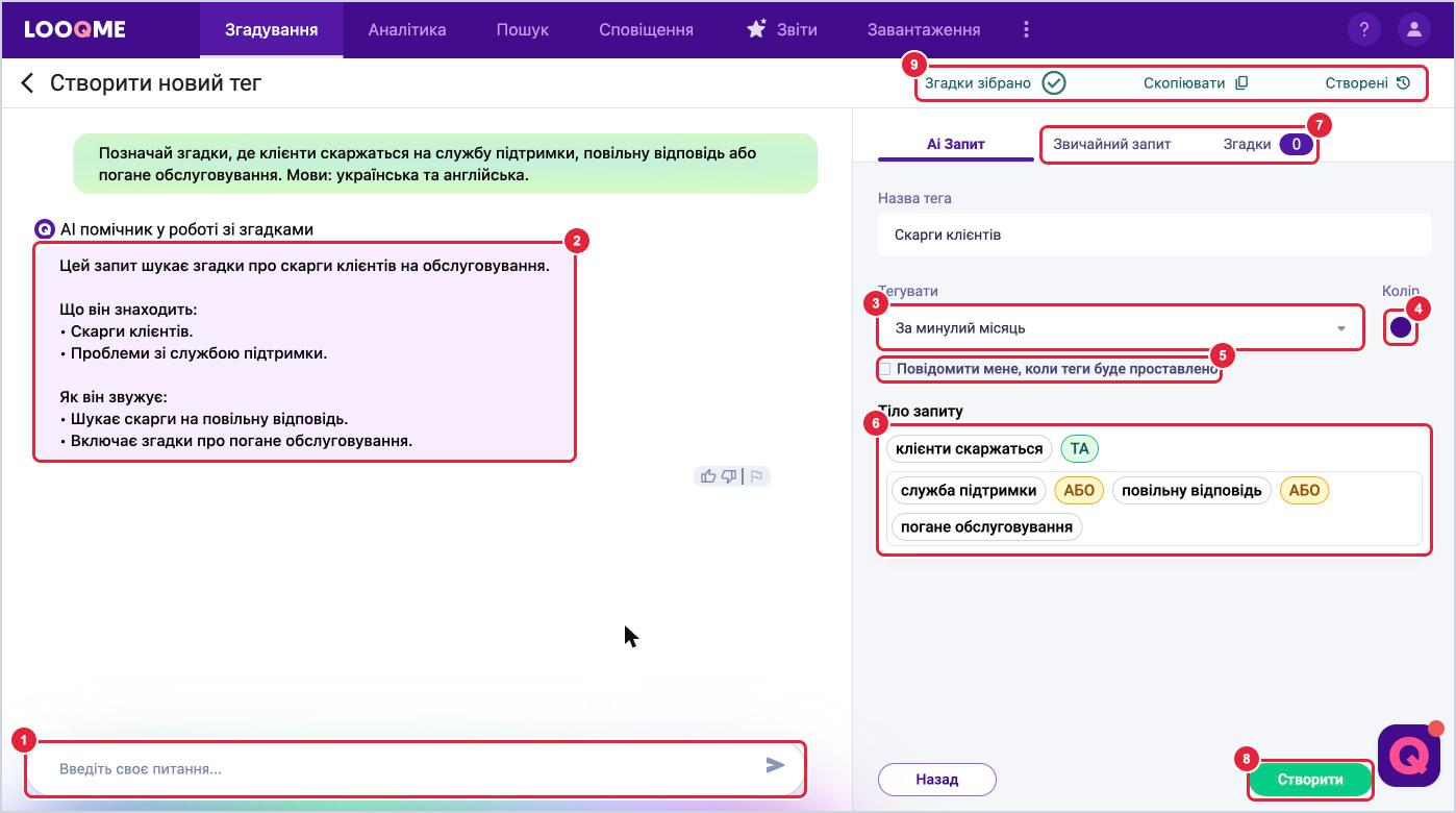 Сторінка Створити новий тег: чат з AI-помічником, період тегування, колір, повідомлення, тіло запиту, вкладки та кнопка Створити