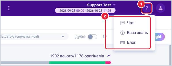 Меню Допомога в LOOQME з пунктами Чат, База знань і Блог