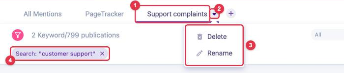 LOOQME feed page menu with Delete and Rename and a saved search filter