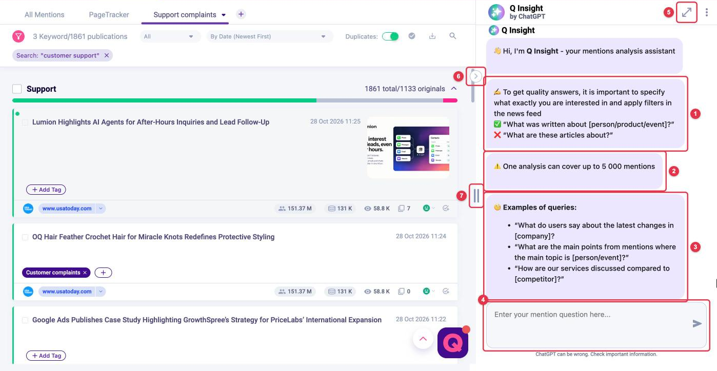 Q Insight panel next to the feed: hints, 5,000-mention limit, example queries, input field, expand and hide buttons, divider