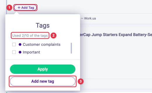 The Tags window on a mention card: Add Tag button, Used 2/10 of the tags counter, Add new tag button