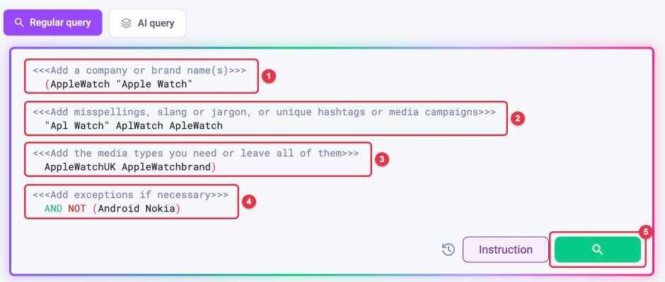 The "Company Search" template: company or brand names, misspellings and hashtags, additional variants, exceptions and the search button