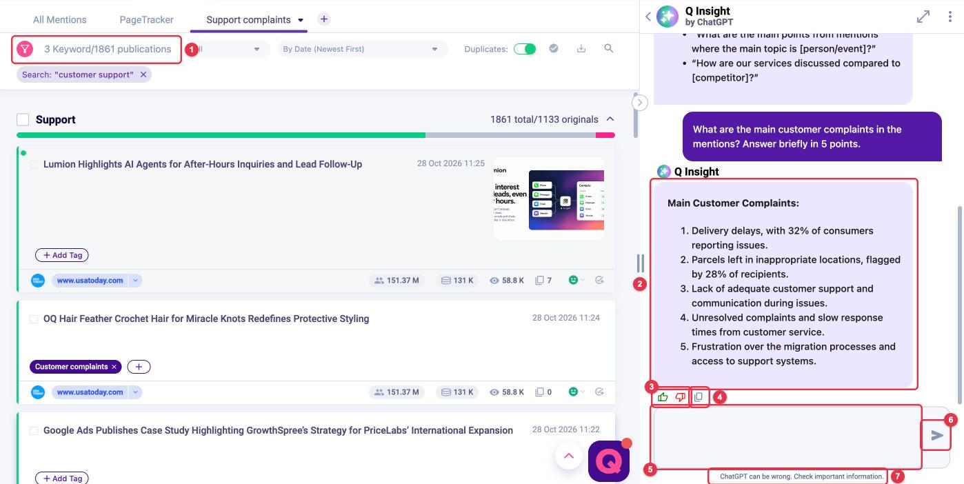 Q Insight answer in the chat next to the feed: publication counter, answer, rating and copy buttons, input field, send button and the reminder