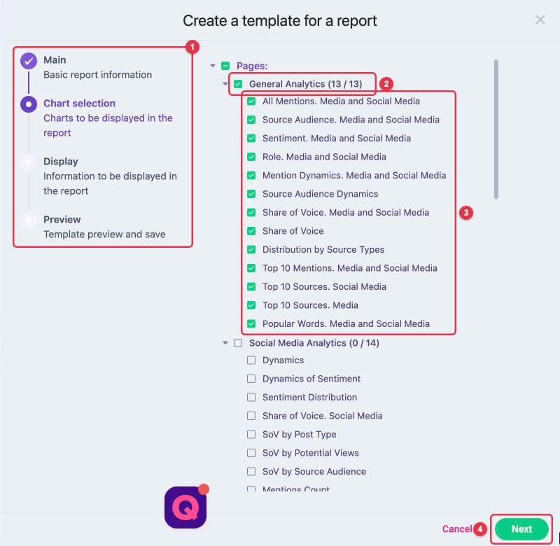 "Chart selection" step of the report template: wizard steps, the "General Analytics" page group, the list of charts and the "Next" button
