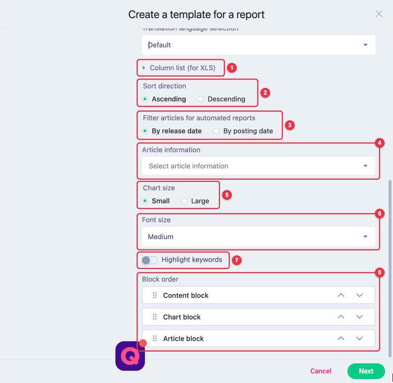 More display settings: "Column list (for XLS)", "Sort direction", "Filter articles for automated reports", "Article information", "Chart size", "Font size", "Highlight keywords", "Block order"