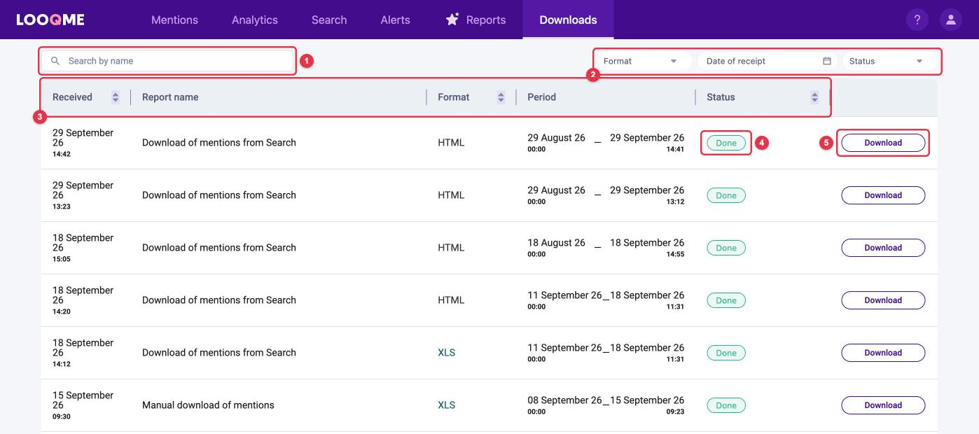 The "Downloads" section: "Search by name", "Format", "Date of receipt" and "Status" filters, the table of exports, "Done" status and the "Download" button