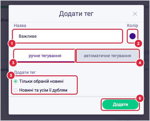 Вікно Додати тег: назва, колір, вкладки ручне та автоматичне тегування, вибір Тільки обраній новині або Новині та усім її дублям, кнопка Додати