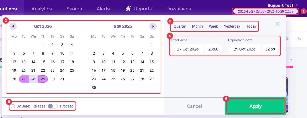 LOOQME period selection window: two-month calendar, quick buttons Quarter, Month, Week, Yesterday, Today, Start date and Expiration date fields, the By Date Release or Proceed switch and the Apply button