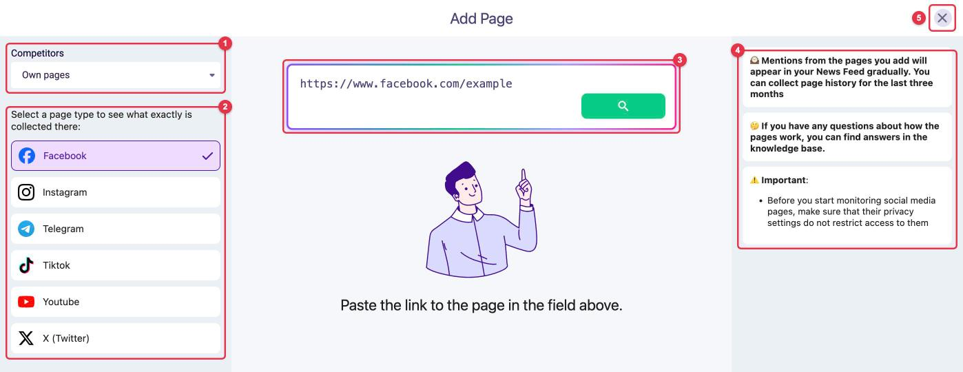 The "Add Page" window: "Competitors" field, page type list, link field with the search button, tips and the close button