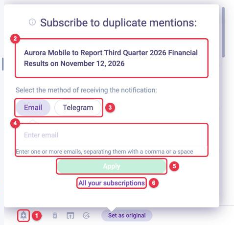 The Subscribe to duplicate mentions window in LOOQME: publication title, Email or Telegram choice, email field, Apply button, All your subscriptions link