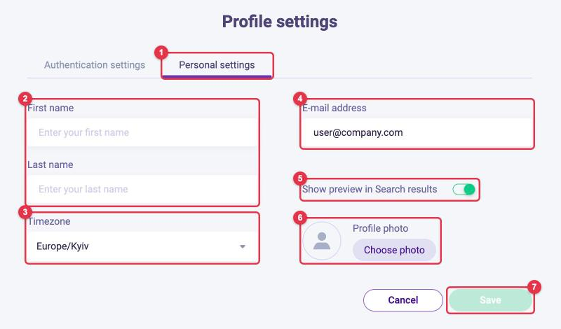 The Personal settings tab in the LOOQME profile: First name and Last name, Timezone, E-mail address, Show preview in Search results switch, Profile photo, Save button