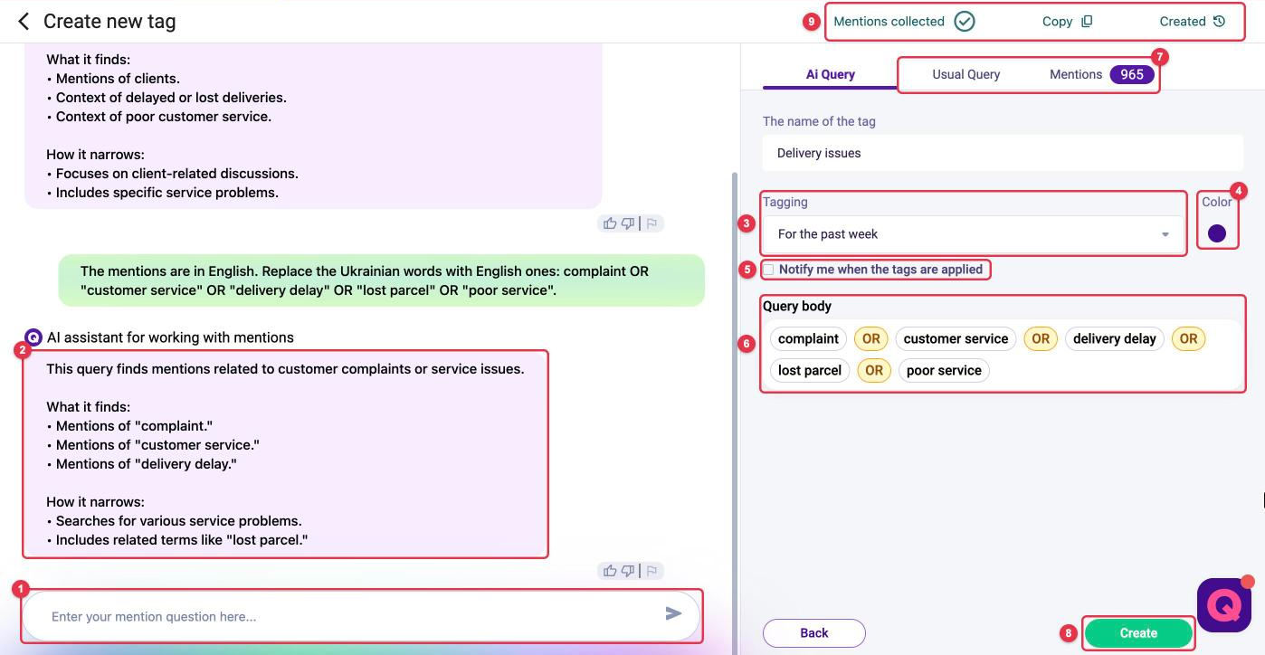 The Create new tag page: chat with the AI assistant, tagging period, color, notification checkbox, query body, tabs and the Create button