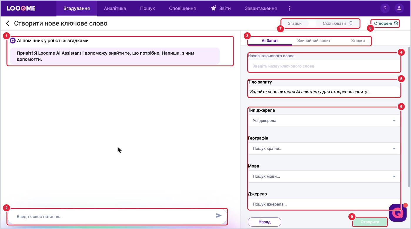 Сторінка створення ключового слова з AI-помічником у LOOQME: чат, поле введення, вкладки, назва КС, тіло запиту, фільтри, кнопка Створити