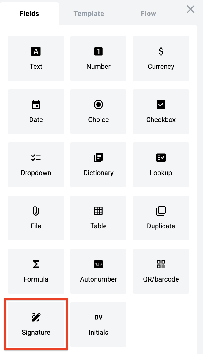 Signature field in the Fields panel