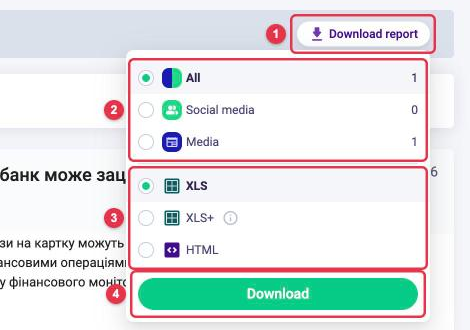 The "Download report" menu in Search: "All", "Social media" or "Media", XLS, XLS+ and HTML formats, "Download" button