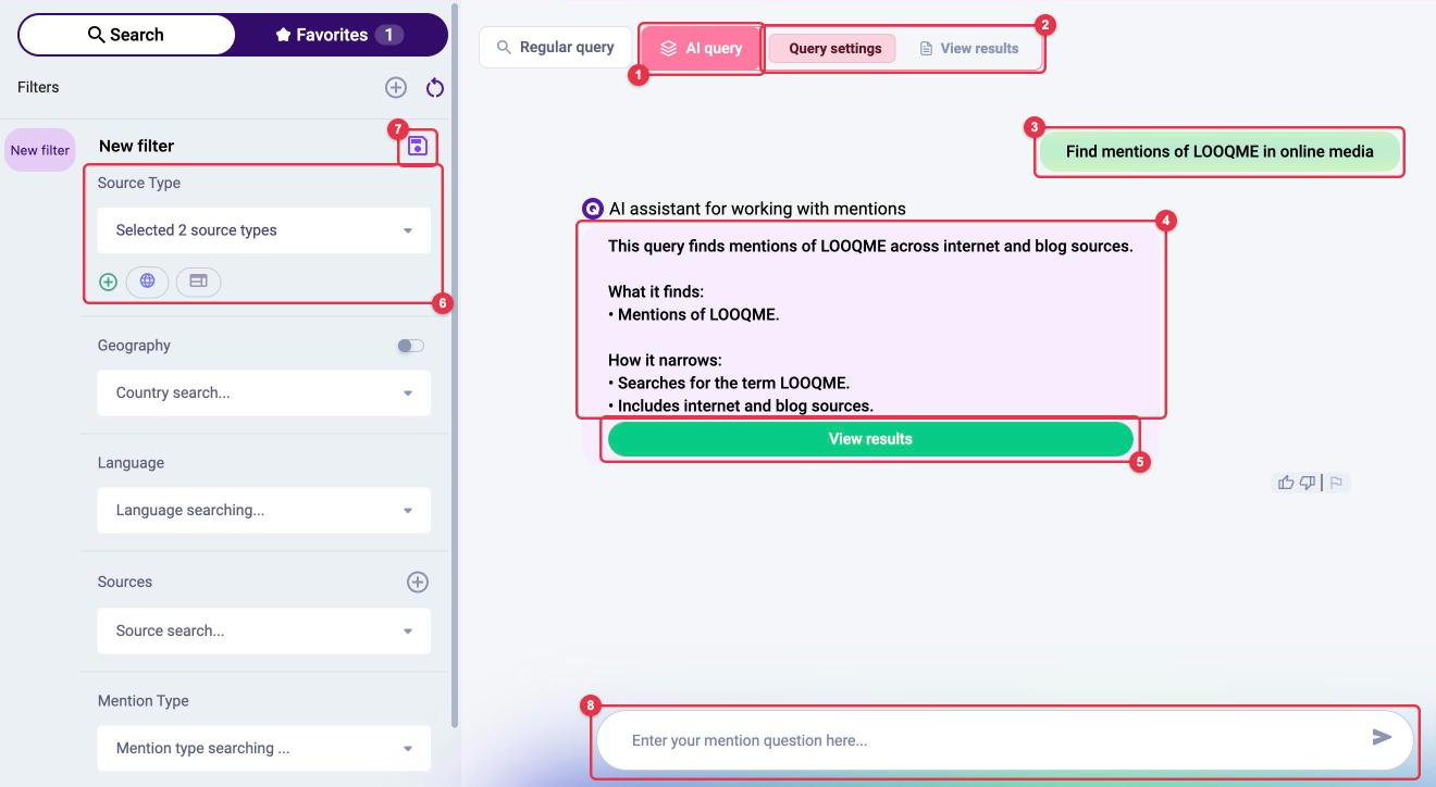 AI query in Search: "Query settings" and "View results" tabs, user message, AI explanation, "View results" button, filters, "Save filter" and the input field