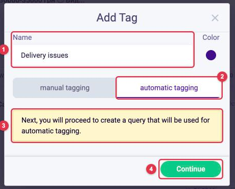 The Add Tag window with the automatic tagging tab selected and the Continue button