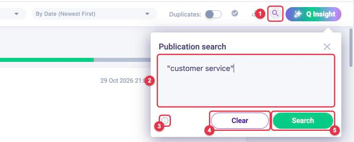 The Publication search window in the LOOQME feed: magnifying glass button, query field with a phrase in quotes, instructions icon, Clear and Search buttons