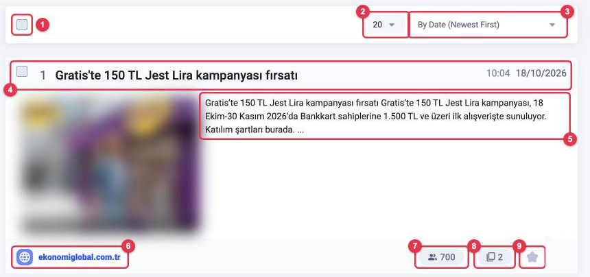 Result list: select all, number per page, sorting, title, text snippet, source, source audience, duplicates and the ☆ favorites button