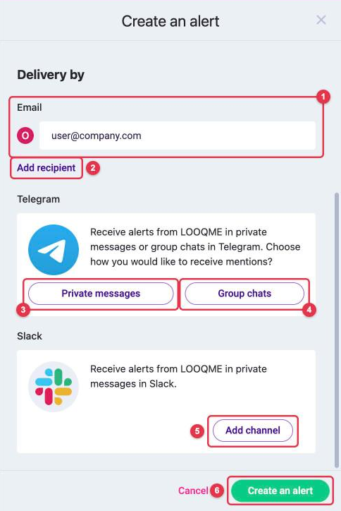 The "Delivery by" block: Email, "Add recipient", Telegram "Private messages" and "Group chats", Slack "Add channel" and the "Create an alert" button