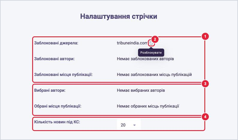 Сторінка Налаштування стрічки в LOOQME: заблоковане джерело з кнопкою Розблокувати, вибрані автори й місця публікації, кількість новин під КС
