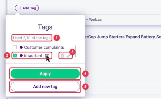 Tag list in the Tags window: counter, ticked tag, delete and edit icons, Apply and Add new tag buttons