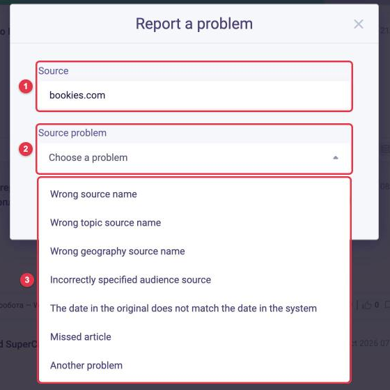 The Report a problem form for a source in LOOQME with the list of problem types