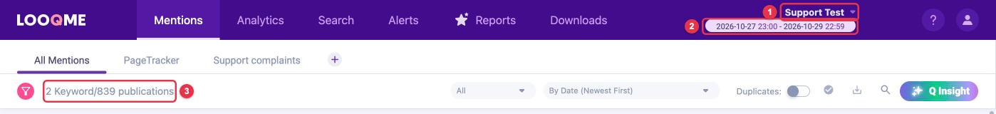 Top of the LOOQME page: workspace name, period date field and the keyword and publication counter