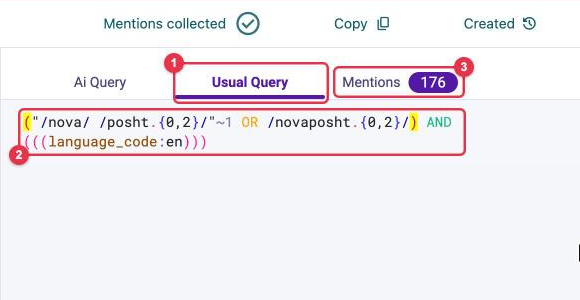 The Usual Query tab with the technical text of the search query