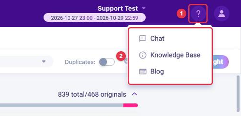 LOOQME Help menu with Chat, Knowledge Base and Blog