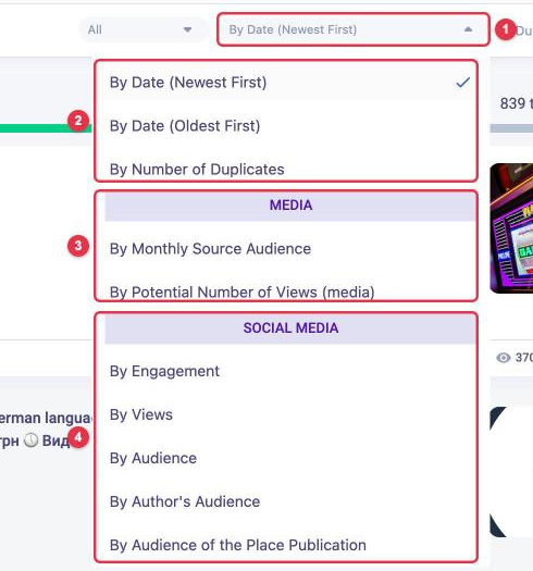 LOOQME feed sorting options: by date, by number of duplicates, by audience and views for media, by engagement, views and audience for social media