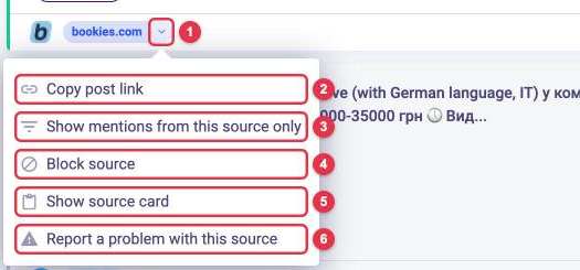 Source menu on a LOOQME mention card: Copy post link, Show mentions from this source only, Block source, Show source card, Report a problem with this source