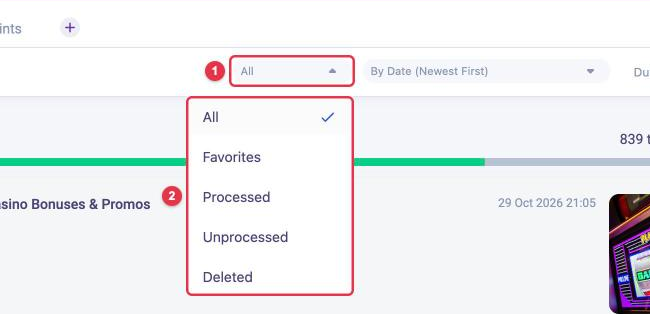 LOOQME feed status list: All, Favorites, Processed, Unprocessed, Deleted