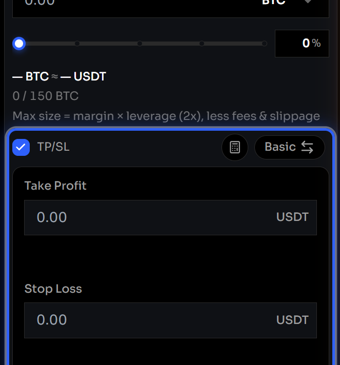 TP/SL Basic mode in the CPX order panel
