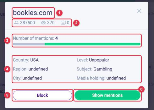 Source card in LOOQME: name, audience, views, AVE, number of mentions, country, region, city, level, subject, media holding, Block and Show mentions buttons