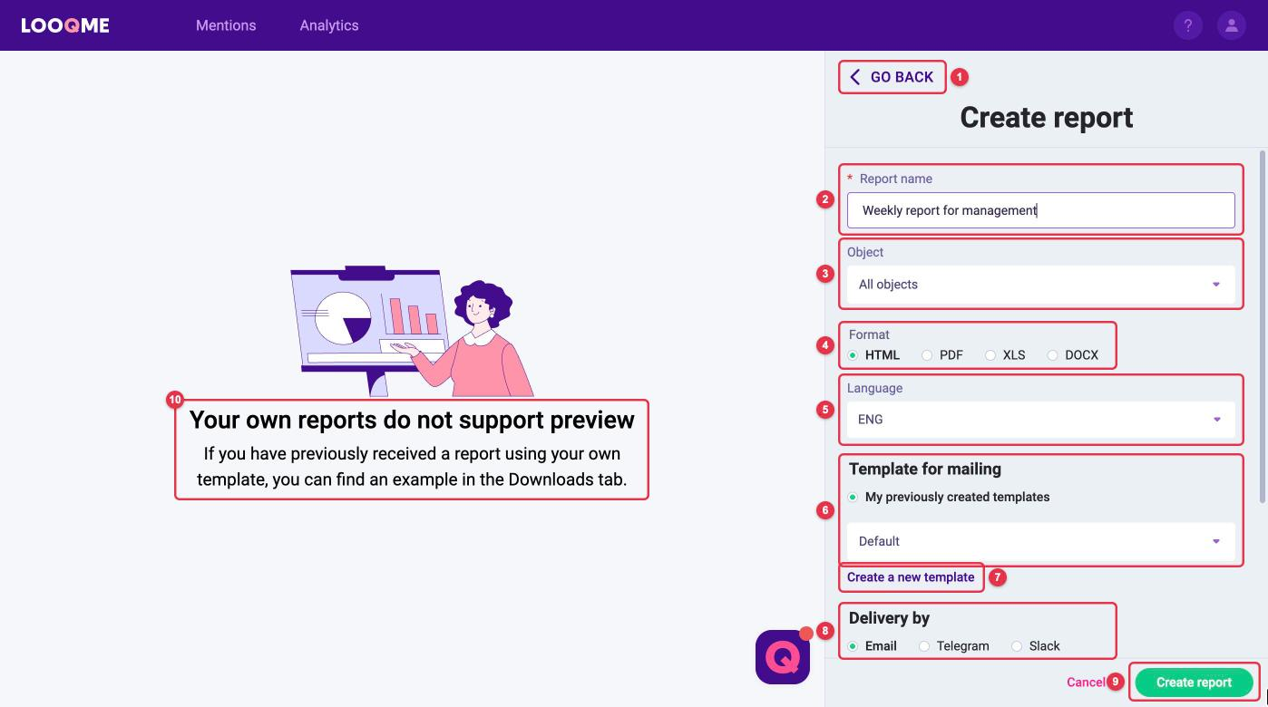 The "Create report" form: "GO BACK", report name, object, format, language, template for mailing, "Create a new template", delivery, "Create report" button and the no-preview hint