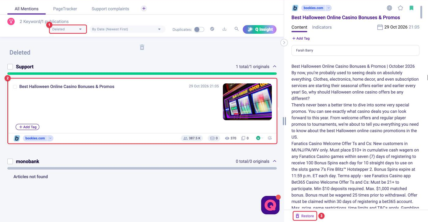 Deleted mentions in LOOQME: Deleted status selected, a deleted mention card and the Restore button in the view panel