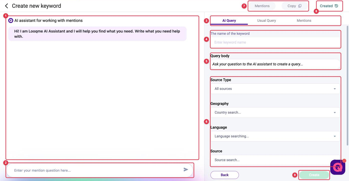 The LOOQME keyword creation page with the AI assistant: chat, input field, tabs, keyword name, query body, filters, Create button