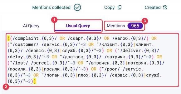The Usual Query tab with the technical query text for an automatic tag and the mentions counter